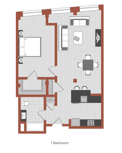 Floor plan for 1 bed, 1 bath, 834 sqft